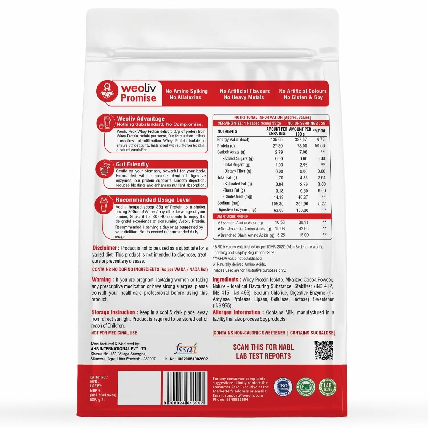 Weoliv Peak Whey Protein Isolate 1kg | 27g Protein per Serving | NABL Lab Tested | Low Carb, Fast-Absorbing Whey Protein Powder with Digestive Enzymes for Muscle Growth & Recovery | Double Rich Chocolate Flavour Weoliv