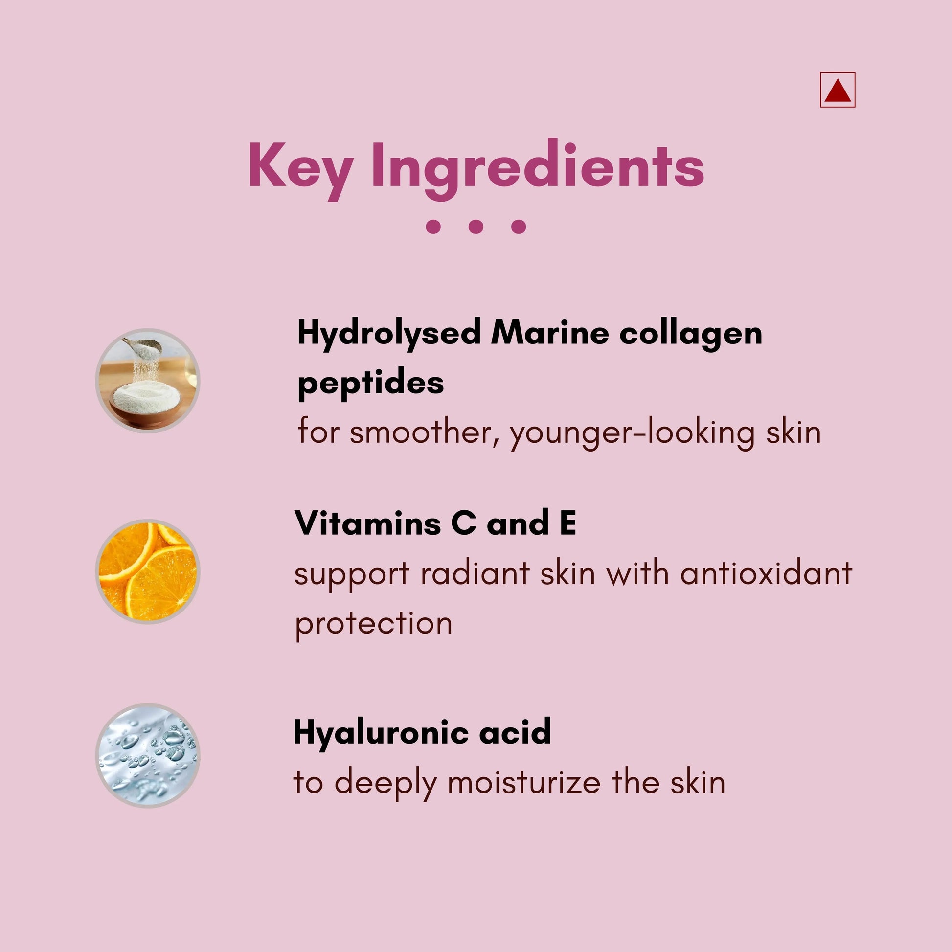 List of key ingredients for skincare with icons and descriptions on a pink background