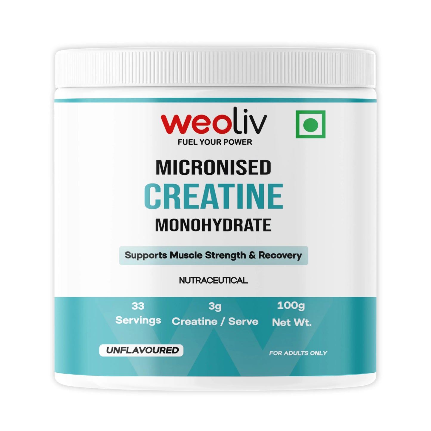 Weoliv Micronised Creatine Monohydrate Powder (100g, 33 Servings) | Unflavoured | Pure Creatine for Muscle Gain, Strength & Recovery | Rapid Absorption Pre/Post Workout Supplement for Men, Women & Athletes Weoliv