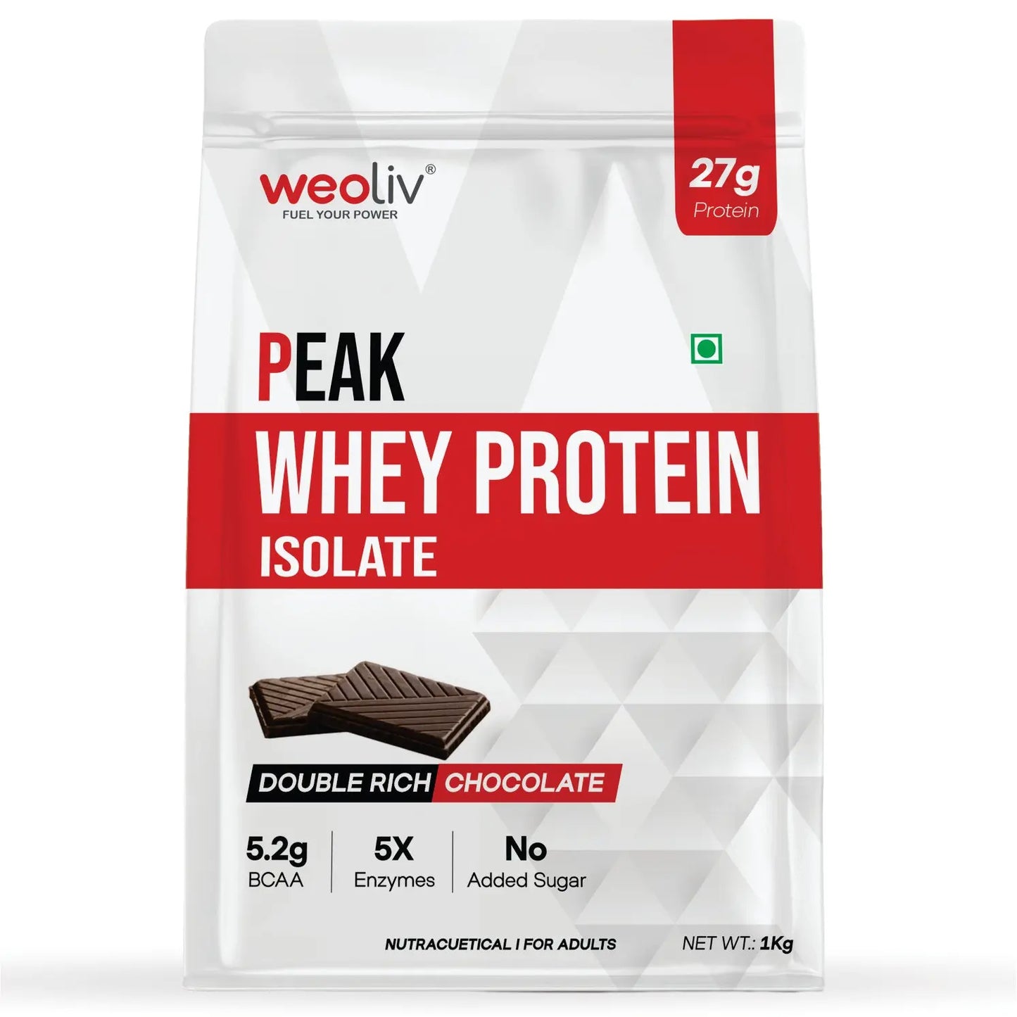 Weoliv Peak Whey Protein Isolate 1kg | 27g Protein per Serving | NABL Lab Tested | Low Carb, Fast-Absorbing Whey Protein Powder with Digestive Enzymes for Muscle Growth & Recovery | Double Rich Chocolate Flavour Weoliv