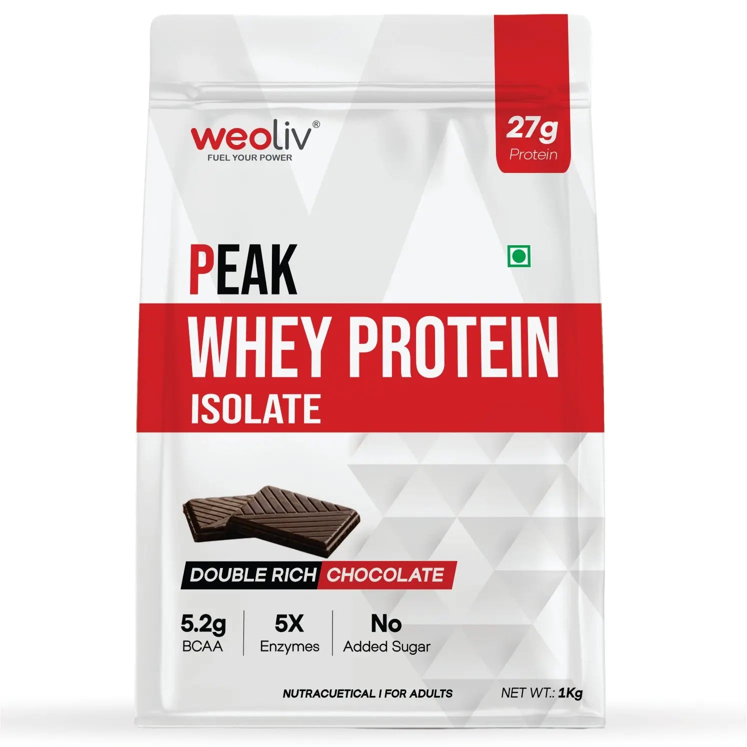 Weoliv Peak Whey Protein Isolate 1kg | 27g Protein per Serving | NABL Lab Tested | Low Carb, Fast-Absorbing Whey Protein Powder with Digestive Enzymes for Muscle Growth & Recovery | Double Rich Chocolate Flavour Weoliv