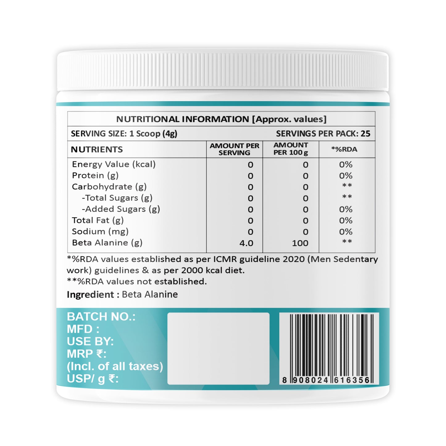Weoliv Beta Alanine Powder (100g, 25 Servings) | Unflavoured | Pure Beta Alanine for Endurance & Fatigue Reduction | Pre Workout Supplement for Men, Women & Athletes Weoliv