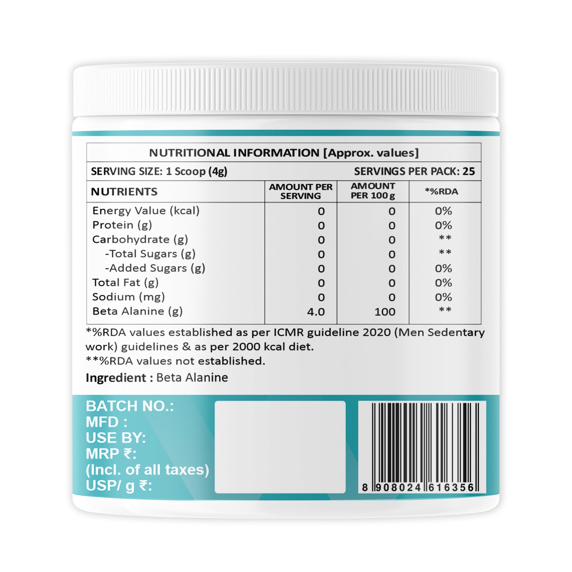 Weoliv Beta Alanine Powder (100g, 25 Servings) | Unflavoured | Pure Beta Alanine for Endurance & Fatigue Reduction | Pre Workout Supplement for Men, Women & Athletes Weoliv