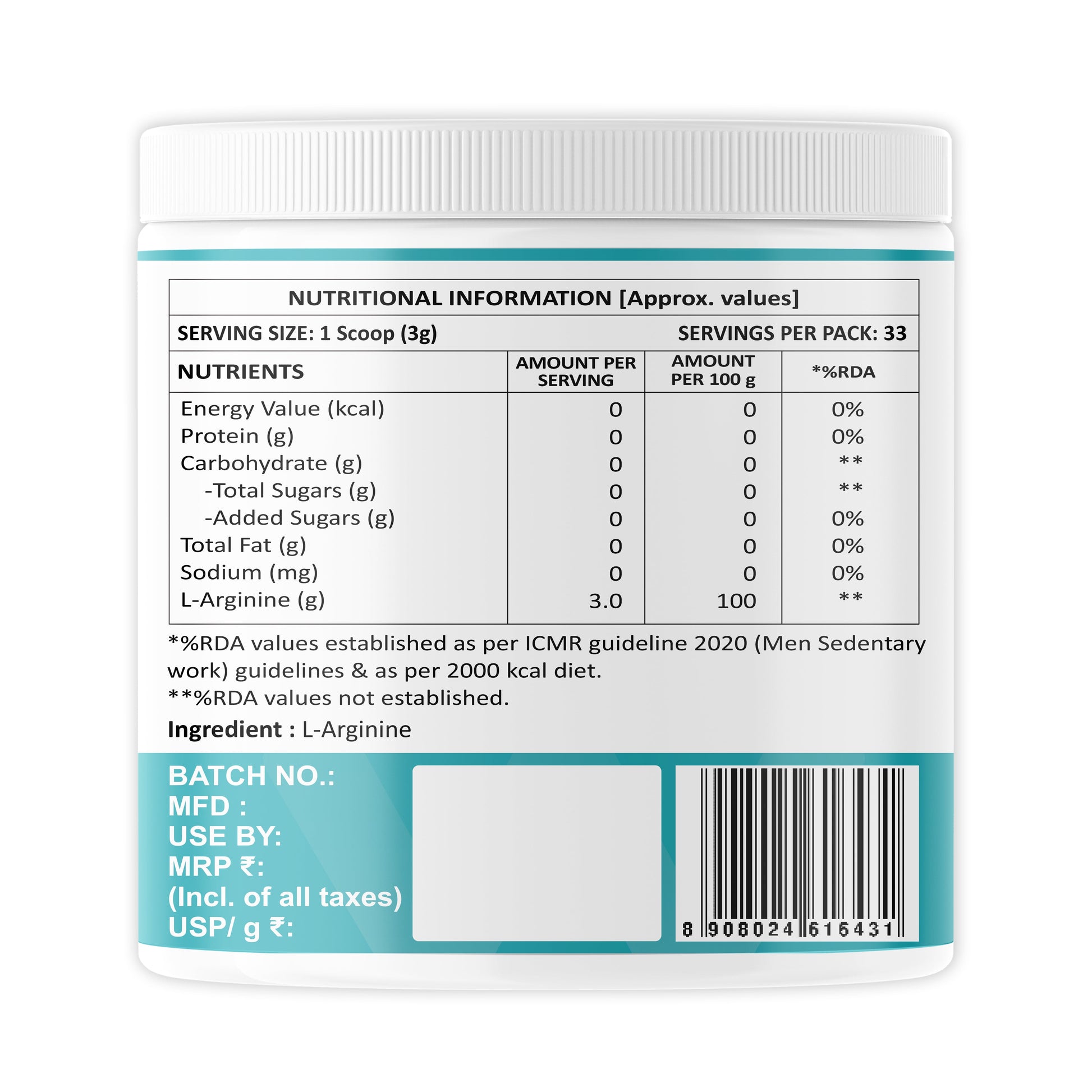 L-Arginine Powder (100g, 33 Servings) | Unflavoured | Pure L-Arginine for Muscle Gain, Strength & Recovery | Boosts Nitric Oxide, Pre Workout Supplement for Men, Women & Athletes Weoliv