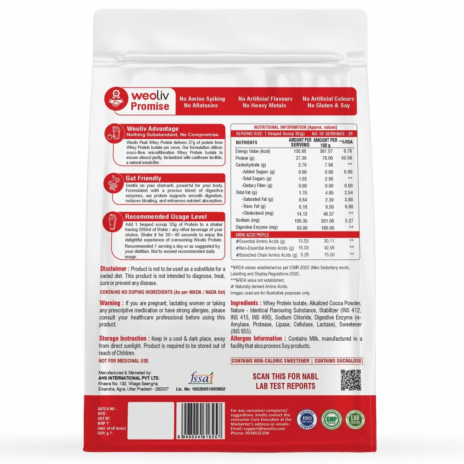 Weoliv Peak Whey Protein Isolate 1kg | 27g Protein per Serving | NABL Lab Tested | Low Carb, Fast-Absorbing Whey Protein Powder with Digestive Enzymes for Muscle Growth & Recovery | Double Rich Chocolate Flavour Weoliv