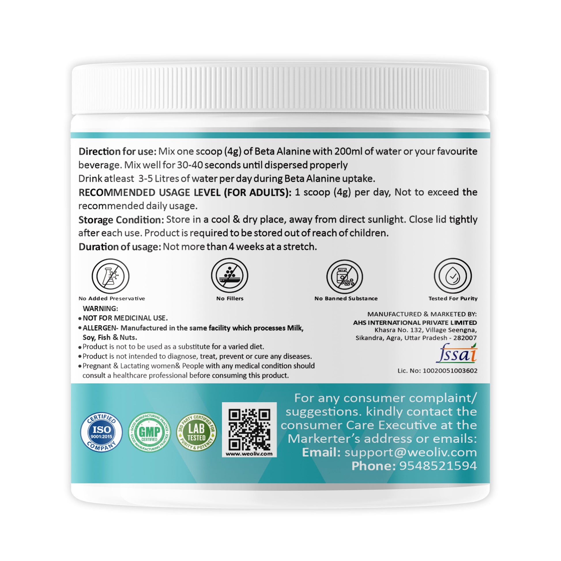 Weoliv Beta Alanine Powder (100g, 25 Servings) | Unflavoured | Pure Beta Alanine for Endurance & Fatigue Reduction | Pre Workout Supplement for Men, Women & Athletes Weoliv