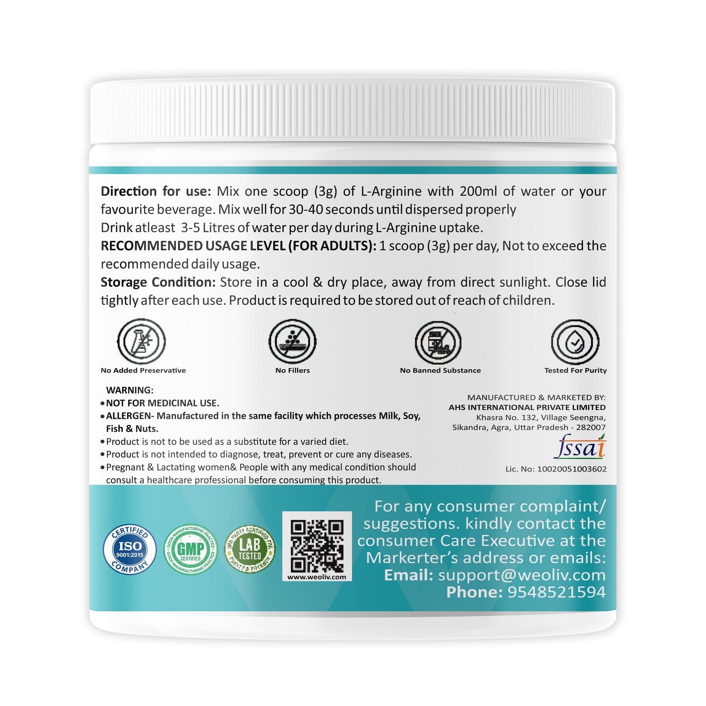 L-Arginine Powder (100g, 33 Servings) | Unflavoured | Pure L-Arginine for Muscle Gain, Strength & Recovery | Boosts Nitric Oxide, Pre Workout Supplement for Men, Women & Athletes Weoliv