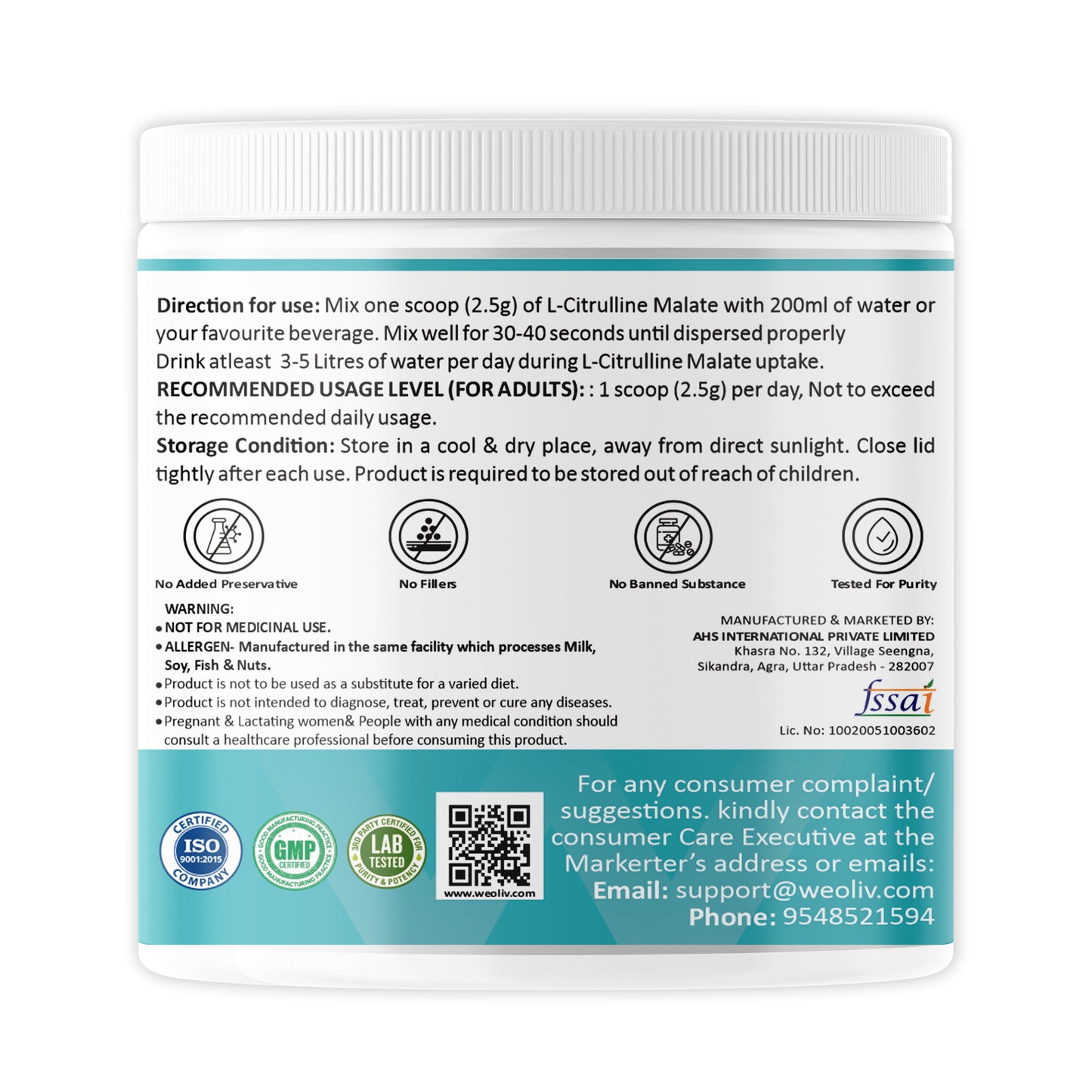 Weoliv Citrulline Malate Powder (100g, 40 Servings) | Unflavoured | Pure Citrulline Malate for Muscle Gain, Strength & Recovery | Boosts Nitric Oxide, Pre Workout Supplement for Men, Women & Athletes Weoliv