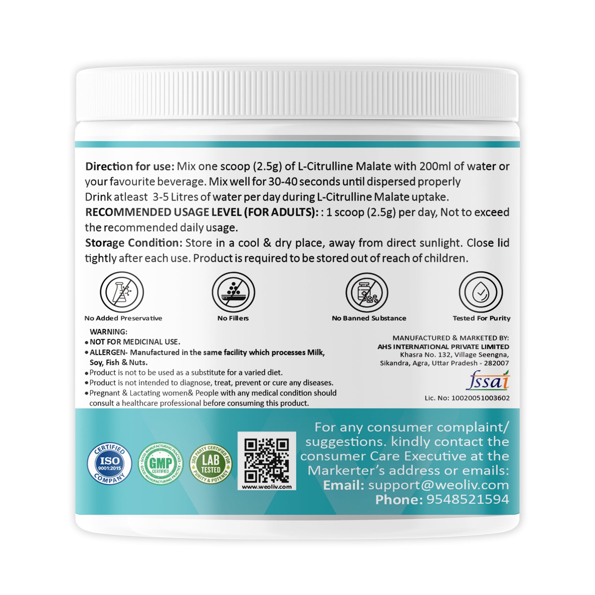 Weoliv Citrulline Malate Powder (100g, 40 Servings) | Unflavoured | Pure Citrulline Malate for Muscle Gain, Strength & Recovery | Boosts Nitric Oxide, Pre Workout Supplement for Men, Women & Athletes Weoliv