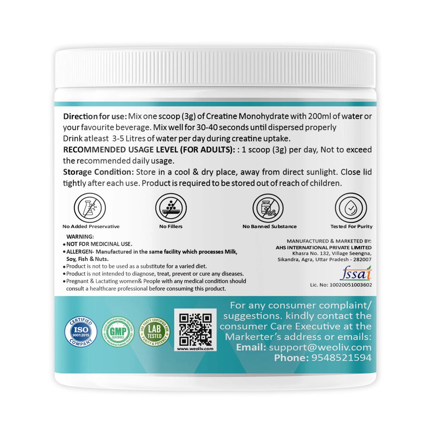 Weoliv Micronised Creatine Monohydrate Powder (100g, 33 Servings) | Unflavoured | Pure Creatine for Muscle Gain, Strength & Recovery | Rapid Absorption Pre/Post Workout Supplement for Men, Women & Athletes Weoliv