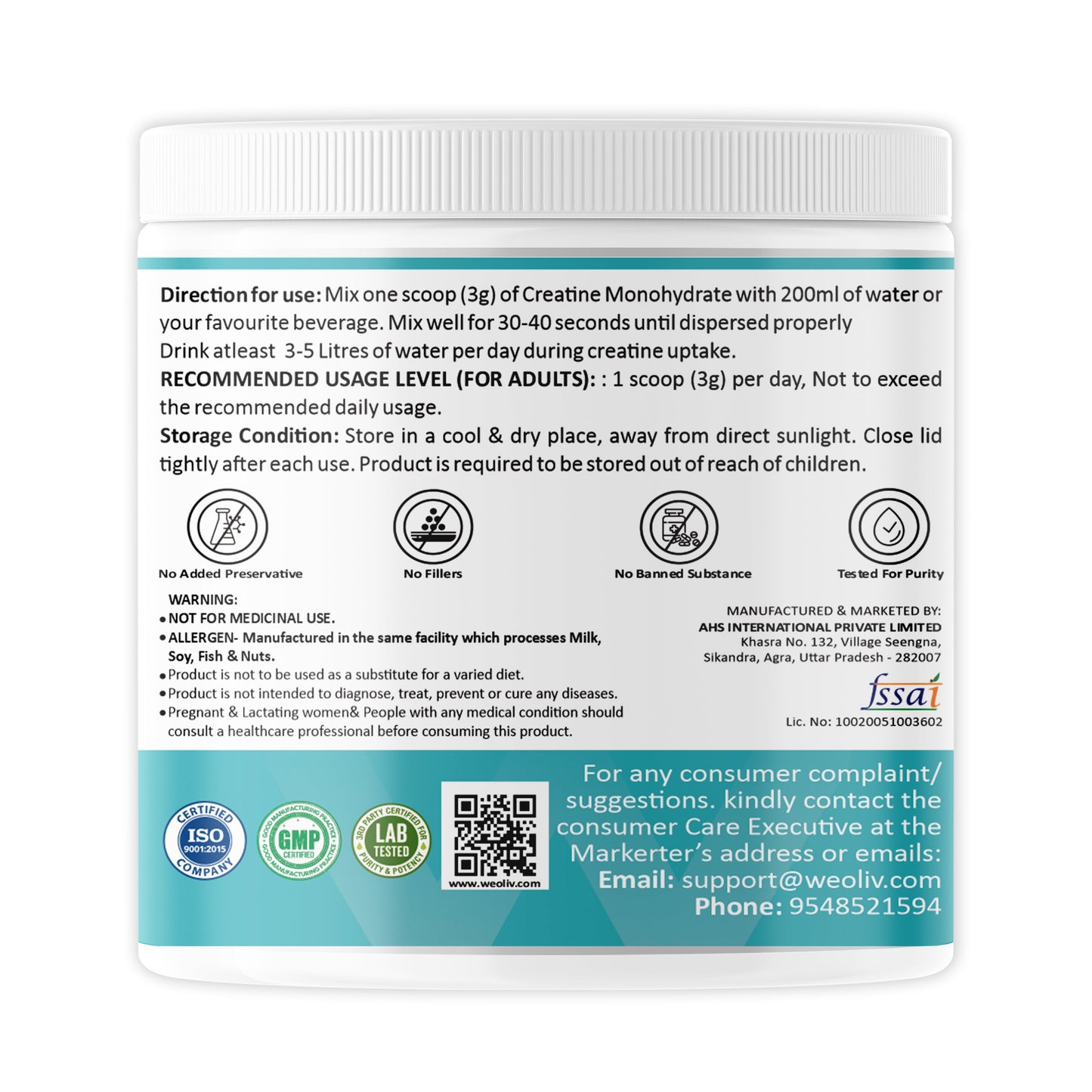 Weoliv Micronised Creatine Monohydrate Powder (100g, 33 Servings) | Unflavoured | Pure Creatine for Muscle Gain, Strength & Recovery | Rapid Absorption Pre/Post Workout Supplement for Men, Women & Athletes Weoliv