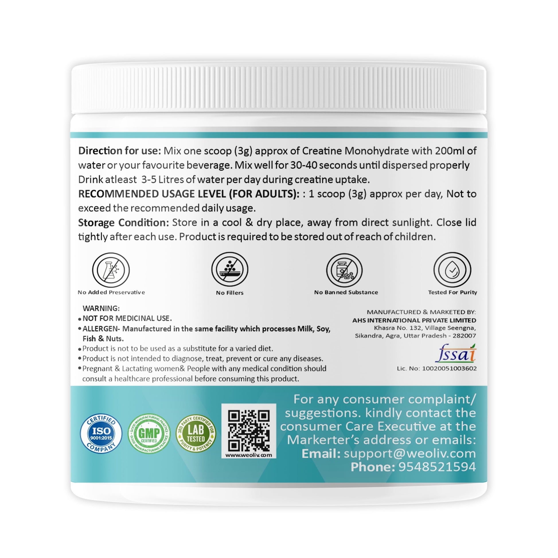 Weoliv Micronised Creatine Monohydrate Powder Weoliv