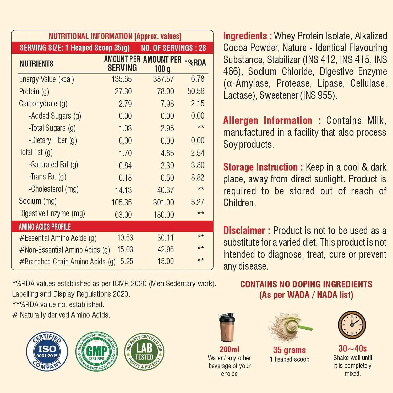 Weoliv Peak Whey Protein Isolate 1kg | 27g Protein per Serving | NABL Lab Tested | Low Carb, Fast-Absorbing Whey Protein Powder with Digestive Enzymes for Muscle Growth & Recovery | Double Rich Chocolate Flavour Weoliv