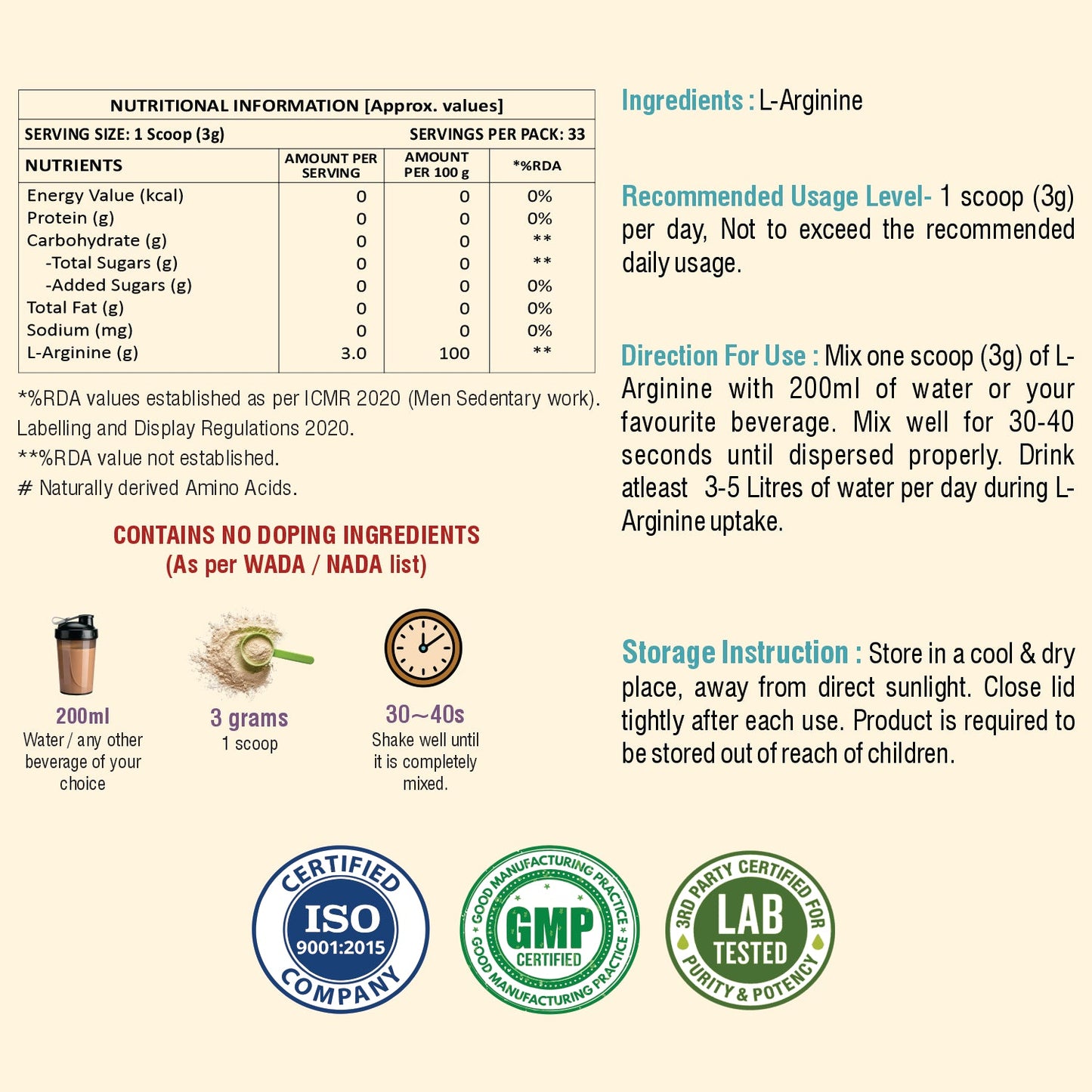 L-Arginine Powder (100g, 33 Servings) | Unflavoured | Pure L-Arginine for Muscle Gain, Strength & Recovery | Boosts Nitric Oxide, Pre Workout Supplement for Men, Women & Athletes Weoliv