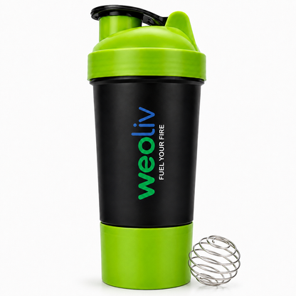 Weoliv 2-in-1 Shaker with Protein Compartment & Stainless-Steel Mixing Ball – 550 ml