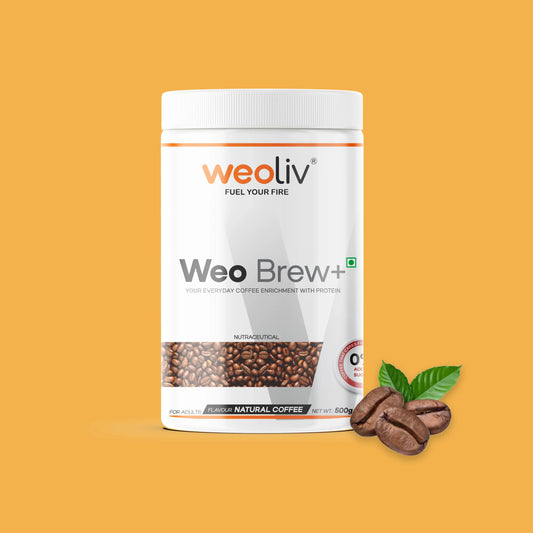 Weoliv Weo Brew+ supplement container with coffee beans and leaves on an orange background